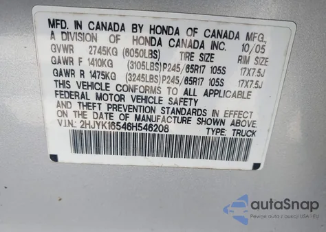 2006 Honda Ridgeline Rtl из США, поврежденный, VIN 2HJYK16546H546208